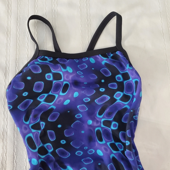 VTG Speedo Girls 1 Piece Purple Blue Abstract Geometric Pickaboo Back Swimsuit - Picture 5 of 9